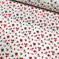Ткань поплин мелкие красные цветочки с зелеными листиками на белом (ТУРЦИЯ шир. 2,4 м) (R-FR-0677)