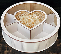 Деревянный Бокс с сердцем всредине и прозрачной крышкой, белый, 38 см, коробка сердце с перегородками