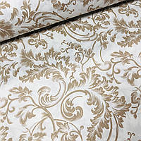 Ткань поплин орнамент листья бежевые на белом (ТУРЦИЯ шир. 2,4 м) (R-FR-0684)