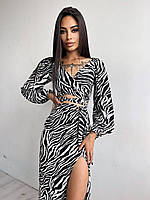 Женский костюм в принт зебра топ на запах с завязкой на талии и юбка миди с разрезом (р. S, M) 66KO3073Е