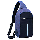 Сумка-рюкзак через плече (31х18х10см), з USB-зарядкою, 1702, Синій / Однолямковий міський рюкзак антизлодій, фото 5