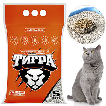 Бентонітовий наповнювач (1,5-2,5 мм, 5 кг) для кішок Тигра, Гранула стандарт / Наповнювач, що утворює грудочки без запаху