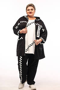 Вільний прогулянковий костюм трійка. " Королева " Black & White ( подовжена кофта штани футболка ) 74-76