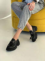 Туфли черные женские лоферы с декором на тракторной подошве натуральная кожа 41 размер