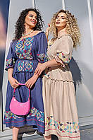 Летнее красивое платье ровного кроя лен батальные размеры 64-70, Фиолетовый