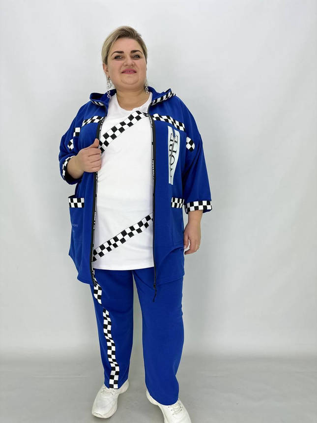 Вільний прогулянковий костюм трійка. " Королева " Blue & White подовжена кофта штани футболка 66-68, фото 1