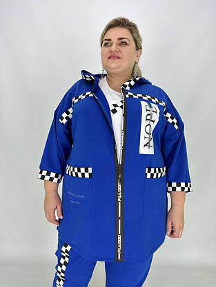 Вільний прогулянковий костюм трійка. " Королева " Blue & White подовжена кофта штани футболка 66-68, фото 5