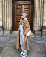 Женское длинное пальто оверсайз кашемир с поясом без подкладки черный, мокко, серый Мокко