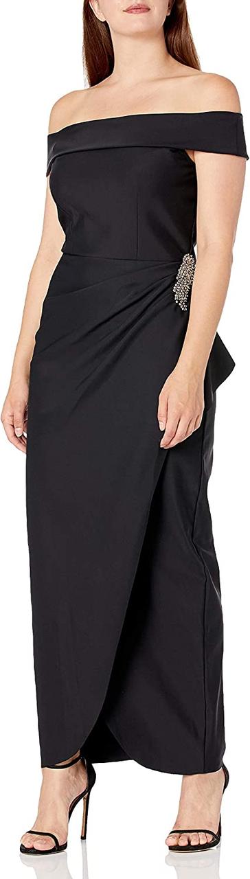 12 Off Shoulder Black Alex Evenings Жіноча довга сукня з рюшами для схуднення та каскадною спідницею з рю