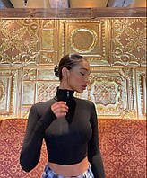 Черный женский обтягивающий лонгслив с молнией и длинными рукавами (42-44, 44-46 размеры)