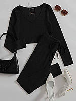 Базовый женский обтягивающий костюм двойка (топ + легинсы) черный, мокко 42-46 размер