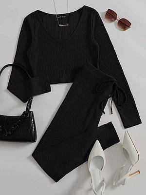 Базовий жіночий костюм-обтислий (топ + легінси) чорний, моко 42-46 розмір
