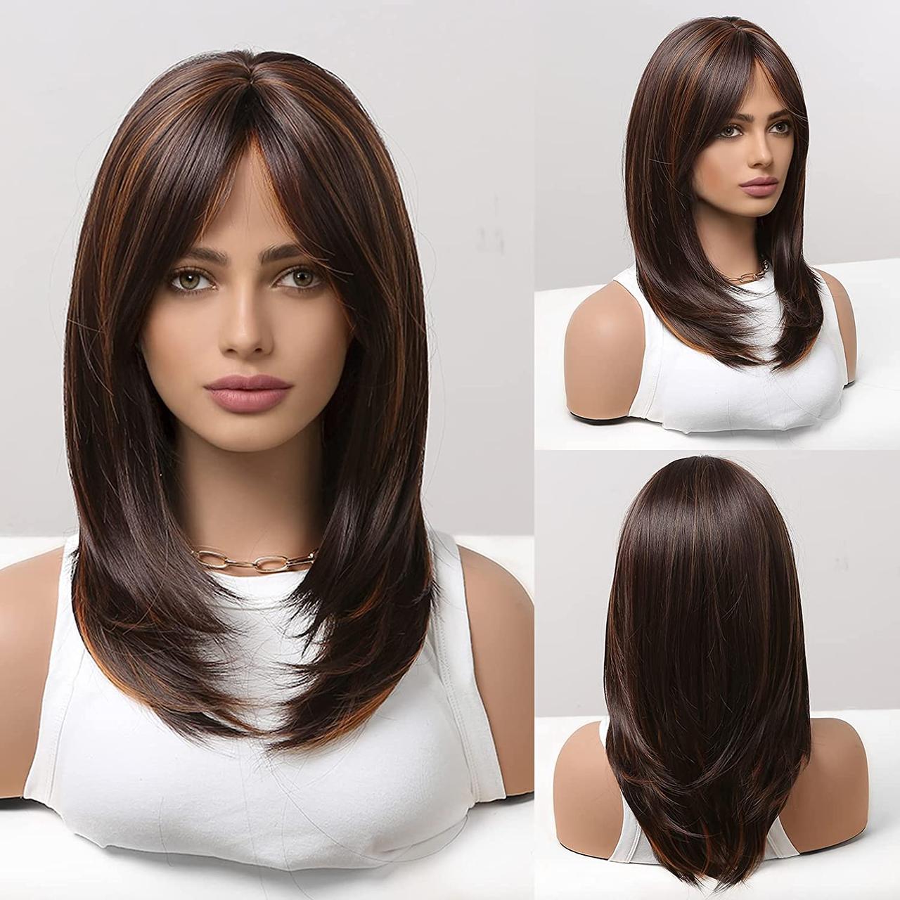 Dark Brown with Highlight HAIRCUBE Довгі світлі перуки для жінок Перука з синтетичного волосся з чубчиком