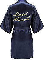 X (Navy - Maid of Honor in Gold) Word Embroidery EPLAZA Жіночі короткі атласні халати для подружок нарече