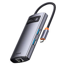 USB-Хаб Baseus Metal Gleam Series 4 в 1 Type-C на 3xUSB + RJ45 Сірий (WKWG070113), фото 4