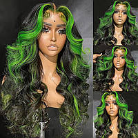 24 Inch Long Body Wave Wig Green Streak Black Wig Body Wave Wig ANDRIA Парики Фронта Шнурка Прямые Волосы