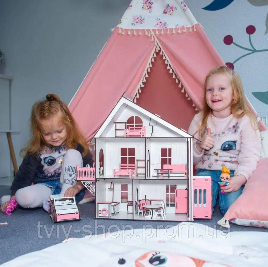 Дитячий ляльковий будиночок ігровий із дерева для маленьких ляльок lol з меблями та ліфтом Дерев'яний будинок для лол