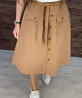 Трендова жіноча модна котонова спідниця міді з кишенями р. 46 темно-бежевий (кемел)