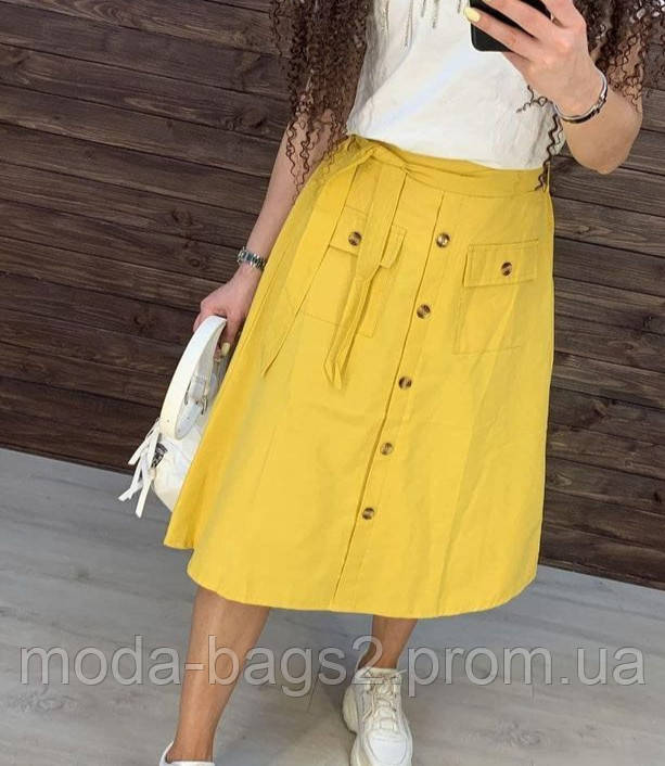 Трендова жіноча модна котонова спідниця міді з кишенями р. 44 жовтий (гірчиця)