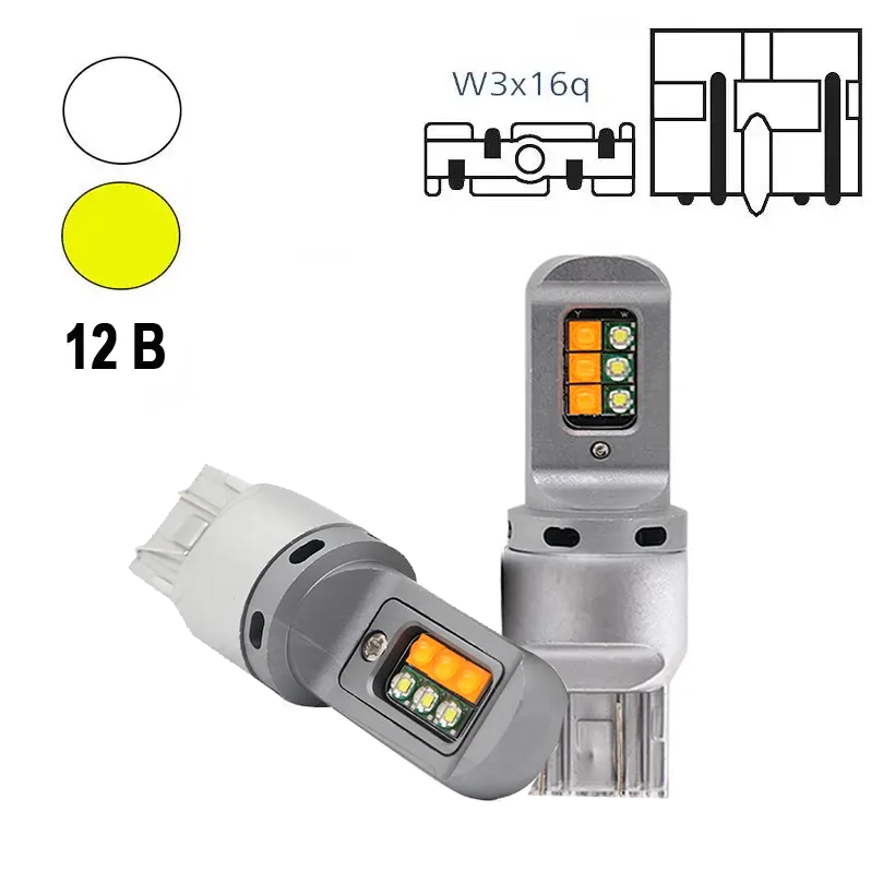 Автолампа світлодіодна W21/5W/7443, цоколь W3x16q, 3535 x 12 smd, біло жовта, 12 — 24 В, фото 1