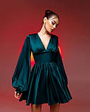 Шовкова міні-сукня з пишними рукавами Люкс смарагдова (різні кольори) XS S M L, фото 5