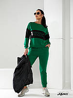 Женский костюм тройка с жилеткой 6895 зелений+чорні вставки