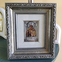 Серебряная икона Святой Николай Чудотворец в деревянной раме, православная подарочная, домашняя, мужская