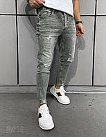 Мужские джинсы зауженные стильные slim fit приталенные с потертостями Турция серые люкс качество