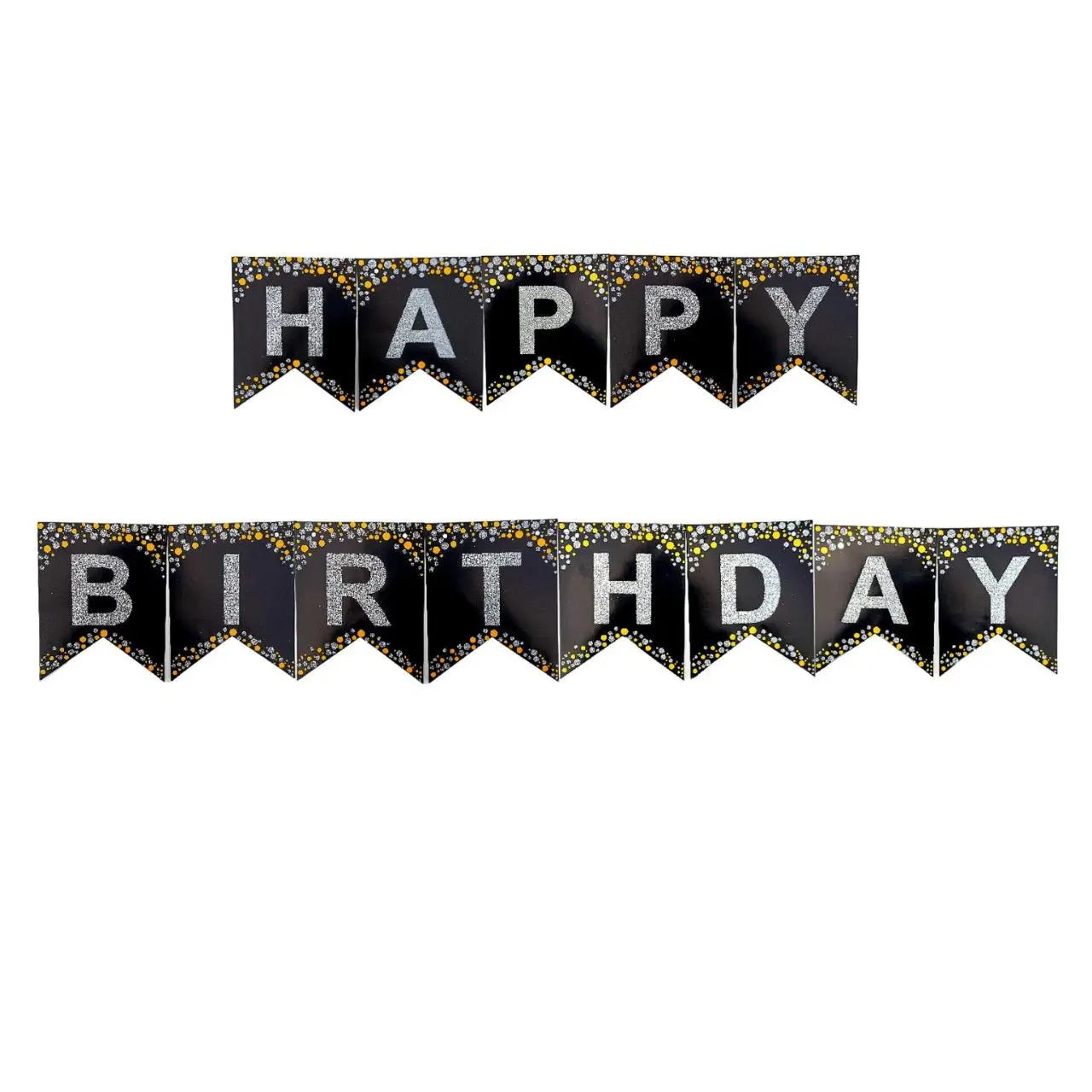 Паперова гірлянда із прапорців Happy birthday срібло на чорному, довжина 5 метрів