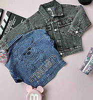 Джинсовый пиджак на девочку с мишкой на спине Голубой М-2106 10, Голубой, Унисекс, Весна Лето, 11 , 5 лет