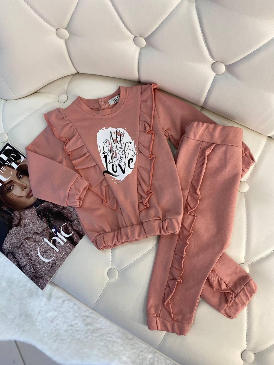 Ошатний костюм для дівчинки з рюшами Персиковий 1057, Для дівчаток, Весна Літо, 6/9 міс., 9 місяців, фото 1