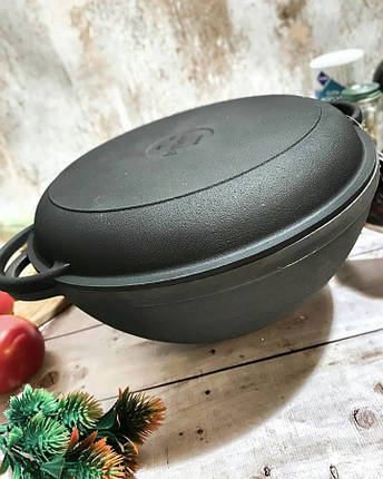 Казан чавунний узбекский 8 л WOK з кришкою-сковородою "Syton", фото 1