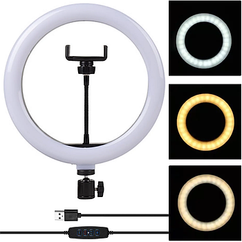 Кільцева лампа 30см, QX-300, з USB та кріпленням для телефону / Світлодіодна лампа-кільце для селфі та блогерів