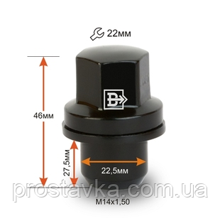 Гайка колісна 734648 BK-Cr M14X1,50 Чорний Хром висота 46 мм Пресшайба LR закрита, фото 1