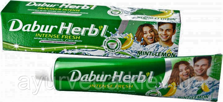 Натуральна аюрведична зубна паста М'ята з Лимоном 150 gm без фтору Dabur Herb'l MINT&LEMON