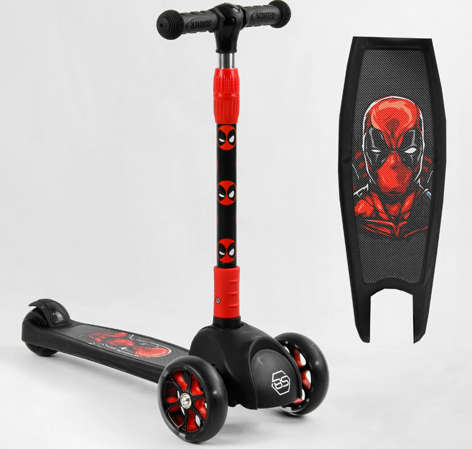 Дедпул самокат триколісний дитячий Best Scooter червоний складаний колеса PU з підсвічуванням