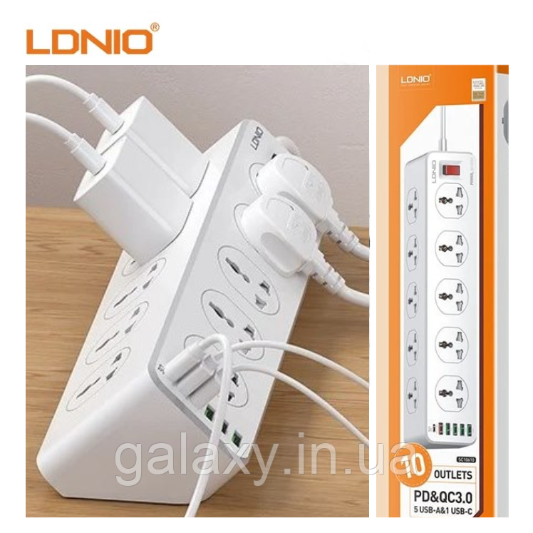Подовжувач LDNIO PD/QC 10 розеток 5хUSB+Type-C мережевий фільтр 2м SC10610 White