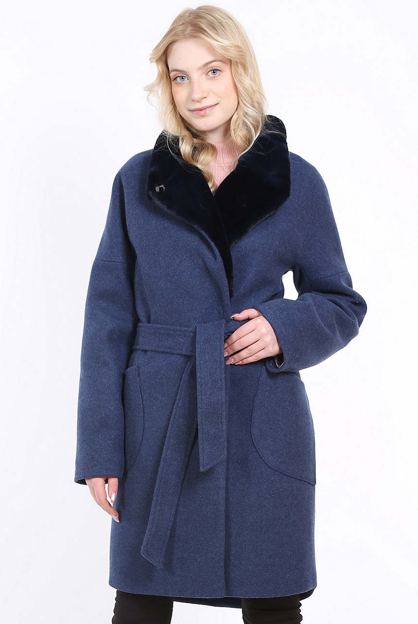 Пальто тепле жіноче синє з поясом кашемір середньої довжини Актуаль 143, 46