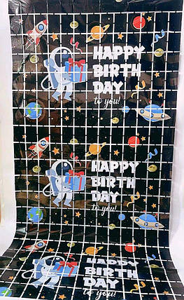 Шторка для фотозони квадратиком Космос Happy Birthday (фольгована) | Чорний 1х2м, фото 1