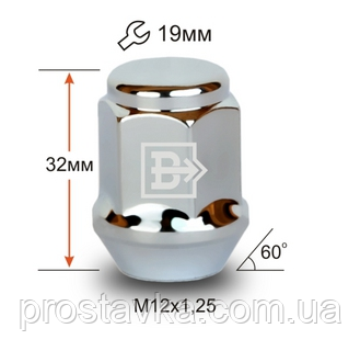 Гайка колісна 801344 Cr M12X1,25 Хром висота 32 мм Конус із виступом., закр., кл.19 мм, фото 1