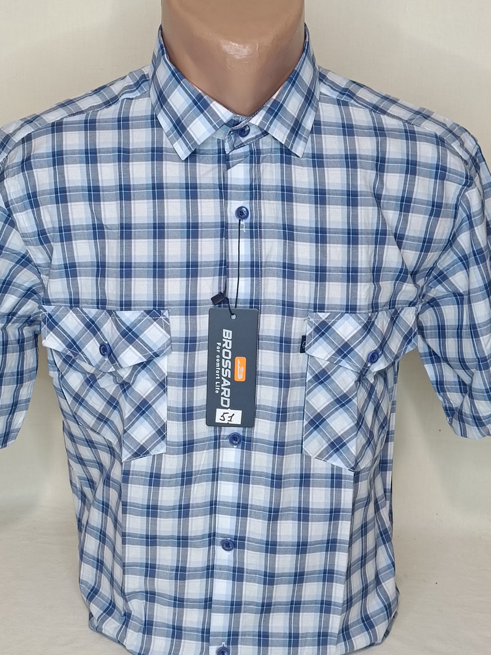 Сорочка чоловіча Brossard vk-0051 блакитна в клітку класична бавовна з коротким рукавом, чоловіча теніска 42