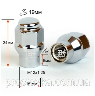 Гайка колісна 801444 ET Cr M12X1,25 Хром висота 35 мм Конус із носиком, закр., кл.19 мм