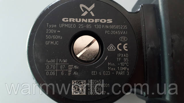 Grundfos Type UPMGEO 25-85 130 P/N:98585235 PC:2045VAI 230V 50/60Hz GFMJC IPX4D TF 95 Min. -10°C Max. 1.0Mpa EEI<=0.23-PART 3 I(A) P(W) 0.70 87 0.06 6  902045 0020142001 452238 000047T7