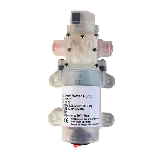 Електричний насос для води — продуктивність: 6 літрів на хвилину, тиск: 4,5 бара, напруга: 12 вольтів.