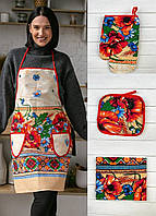 Подарунковий набір для жінки кухня, ХБ комплект: кухонний фартух прихватки рушник терм рукавиця для кухні
