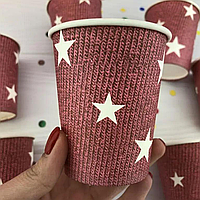 Бумажные стаканчики праздничные одноразовые цветные с рисунком Красные звезды 200 мл 10 шт