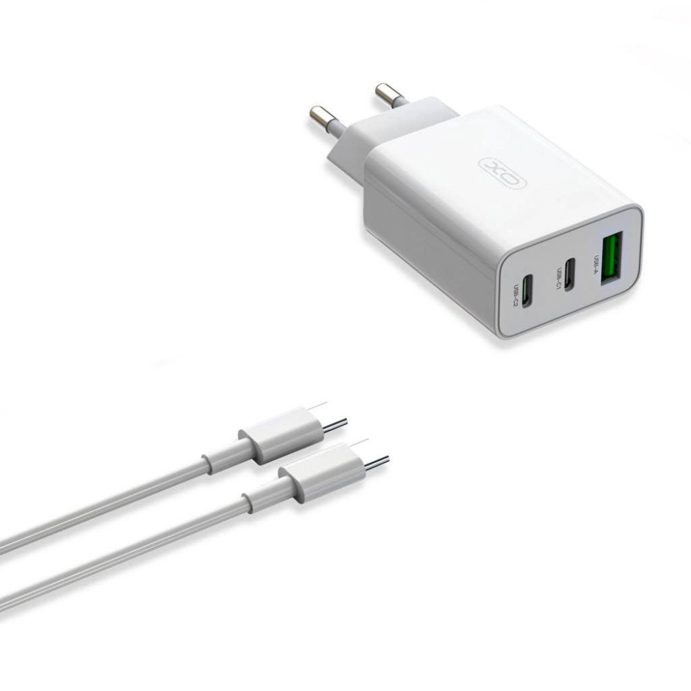 Мережевий зарядний пристрій XO L101 з кабелем Type-C 1USB / 2Type-C QC3.0 20W, White