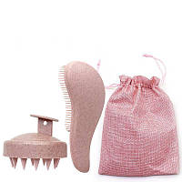 Набір для волосся в мішечку: гребінець і масажна щітка. Рожевий