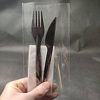 Набор одноразовых приборов LUX (Вилка + нож + салфетка + зубочистка) в индивидуальной упаковке