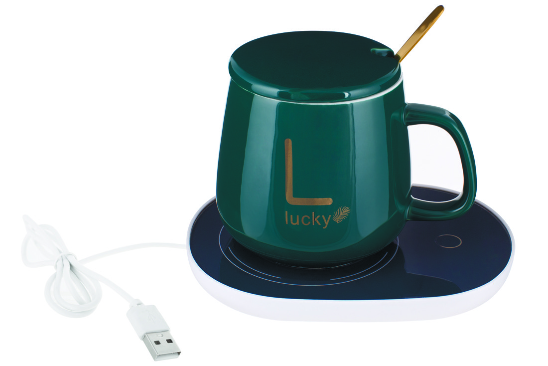 Кухоль порцеляновий Lucky з кришкою та ложкою, 400мл, на підставці для підігріву, колір - зелений із золотим написом